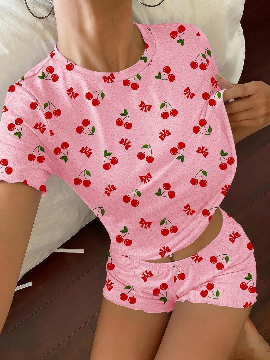 image:imageEkouaer Cute Pajama Sets for Women Summer Short Sleeve Lounge Sets SXXLPink Cherry