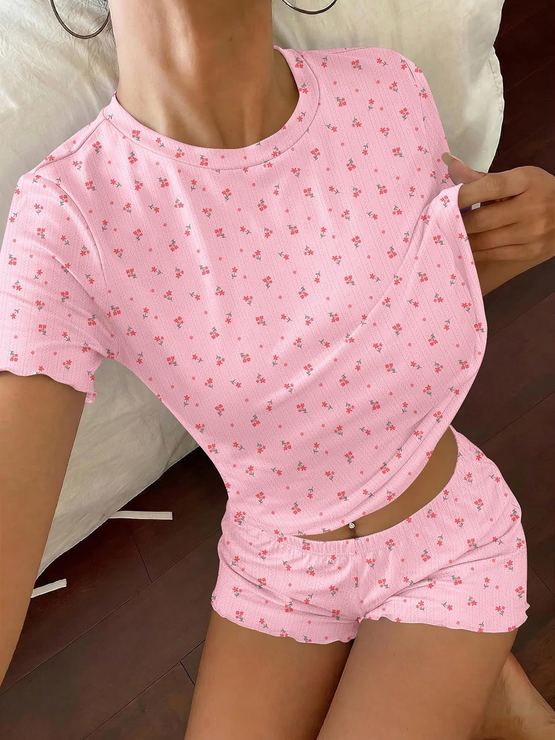 image:imageEkouaer Cute Pajama Sets for Women Summer Short Sleeve Lounge Sets SXXLPink Floral