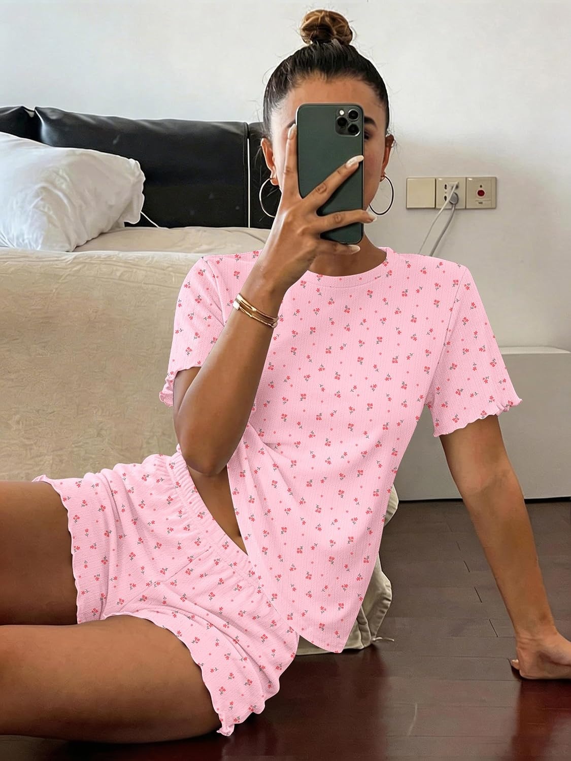 image:imageEkouaer Cute Pajama Sets for Women Summer Short Sleeve Lounge Sets SXXLPink Floral