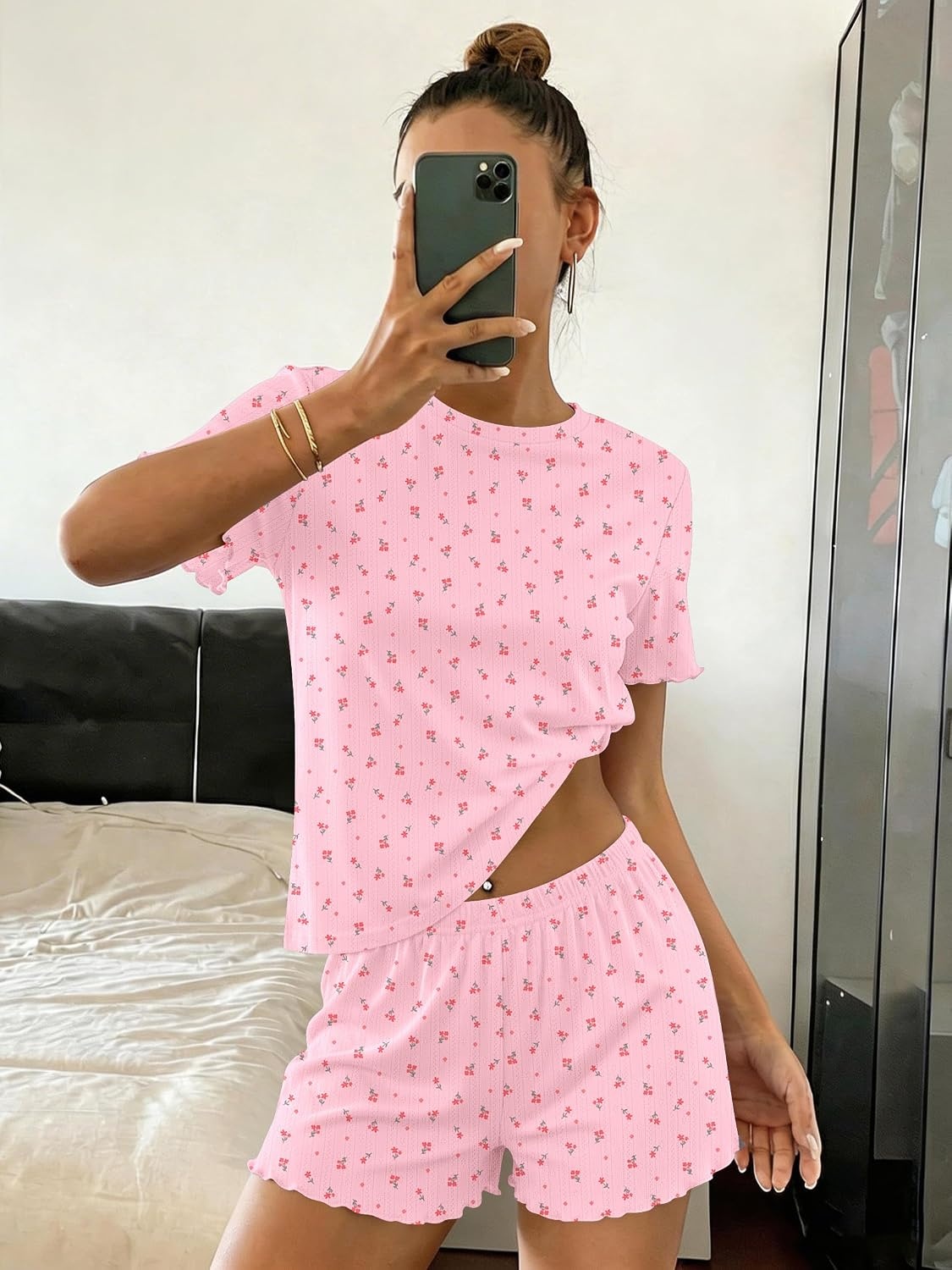 image:imageEkouaer Cute Pajama Sets for Women Summer Short Sleeve Lounge Sets SXXLPink Floral