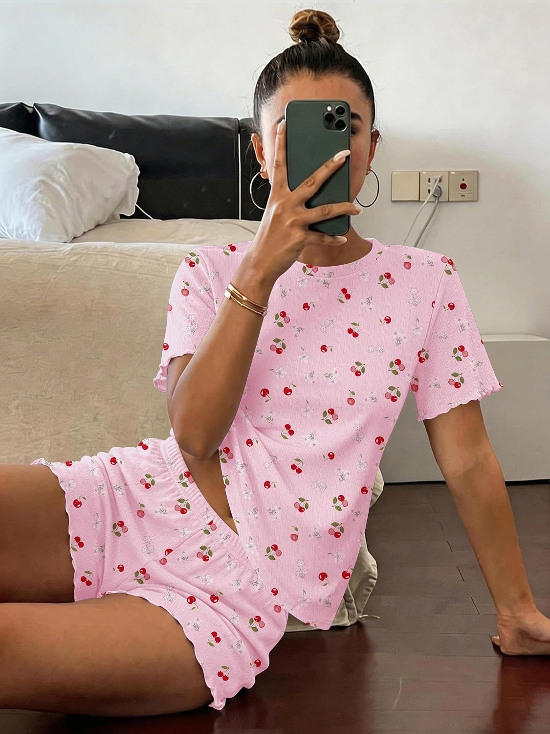 image:imageEkouaer Cute Pajama Sets for Women Summer Short Sleeve Lounge Sets SXXLPurple Cherry