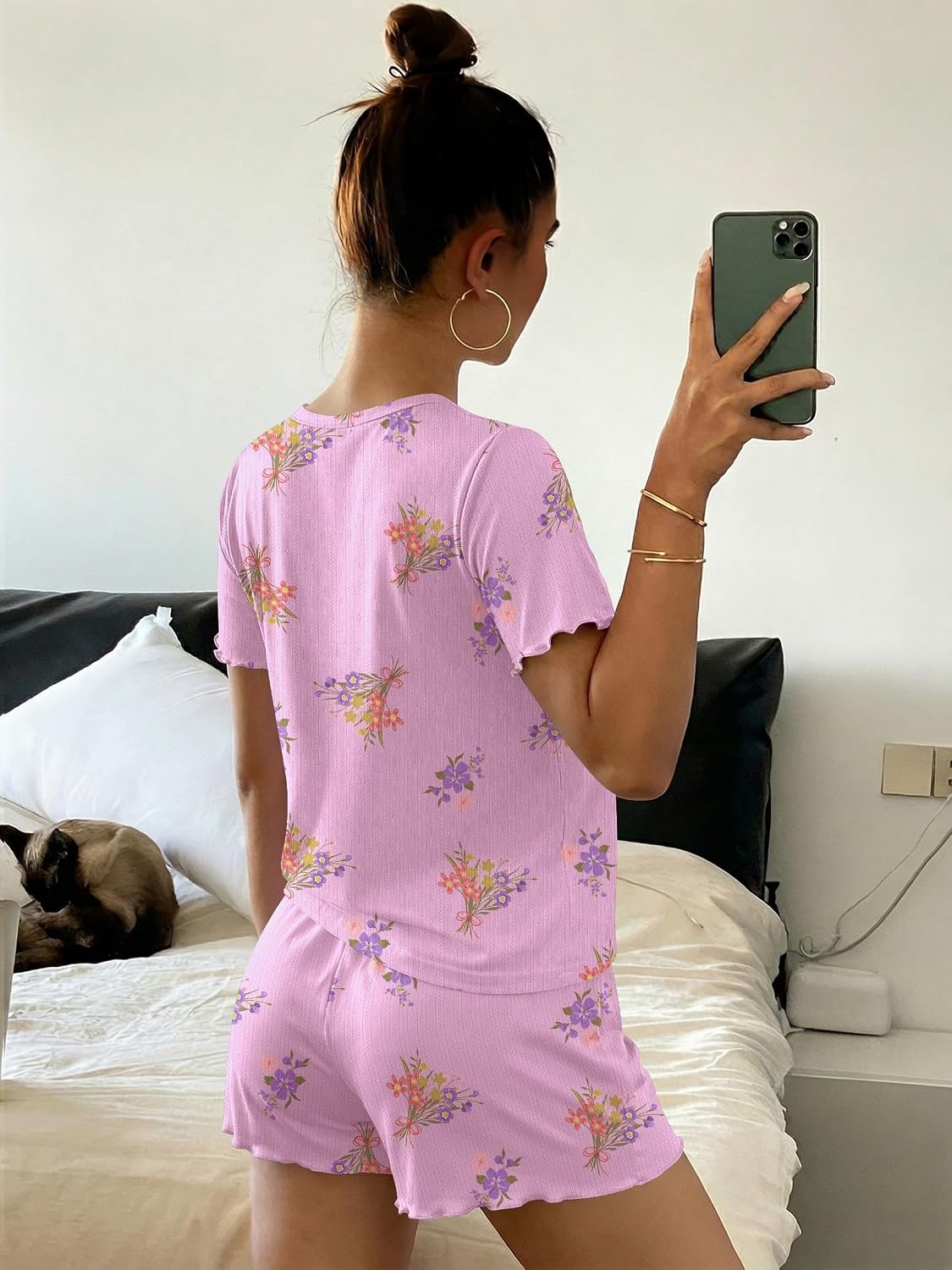 image:imageEkouaer Cute Pajama Sets for Women Summer Short Sleeve Lounge Sets SXXLPurple Flowers
