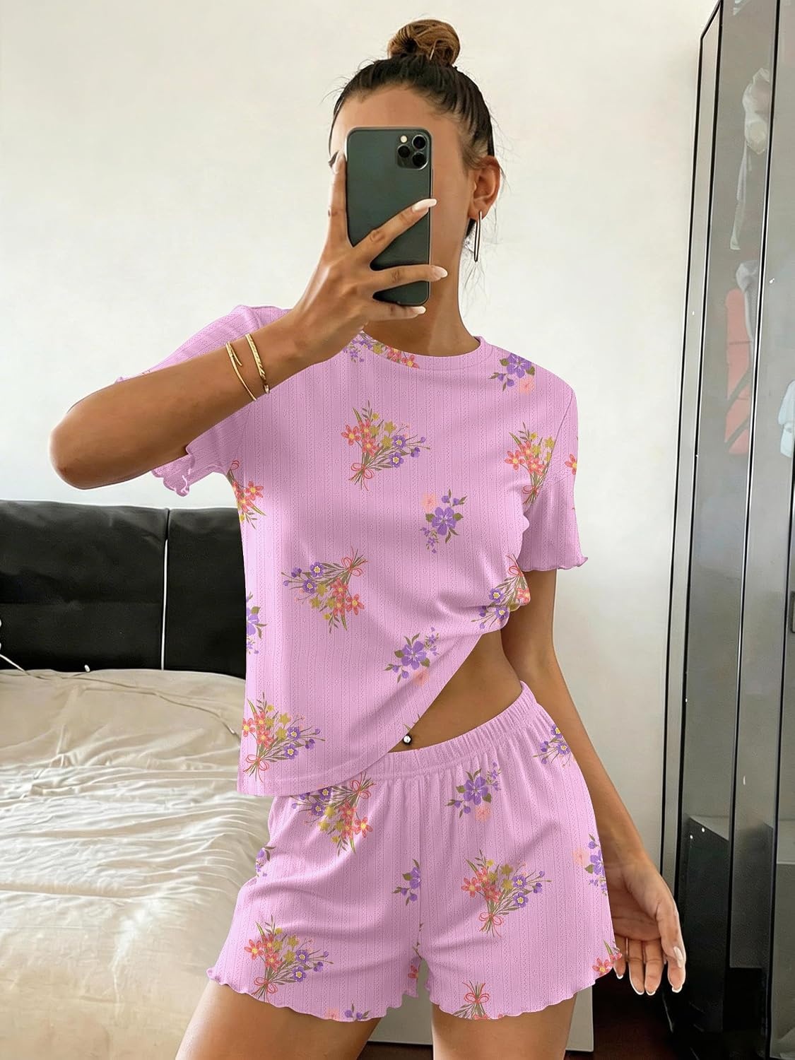 image:imageEkouaer Cute Pajama Sets for Women Summer Short Sleeve Lounge Sets SXXLPurple Flowers