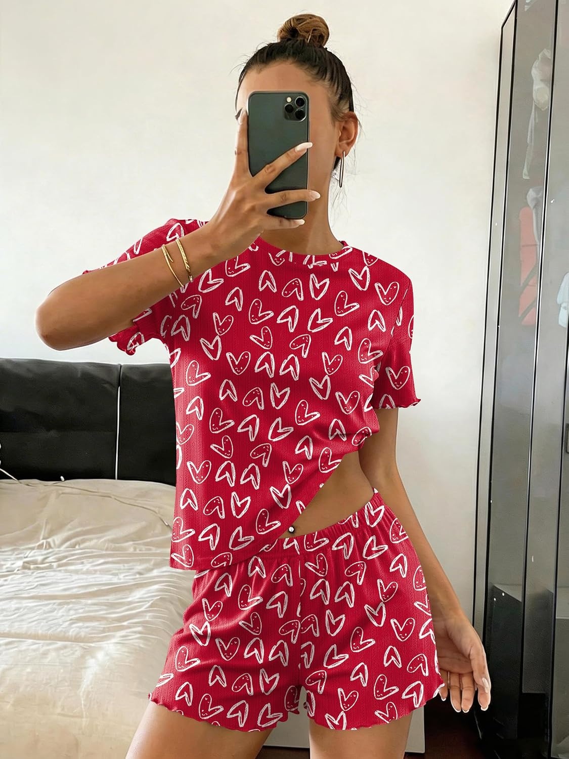 image:imageEkouaer Cute Pajama Sets for Women Summer Short Sleeve Lounge Sets SXXLRed Love