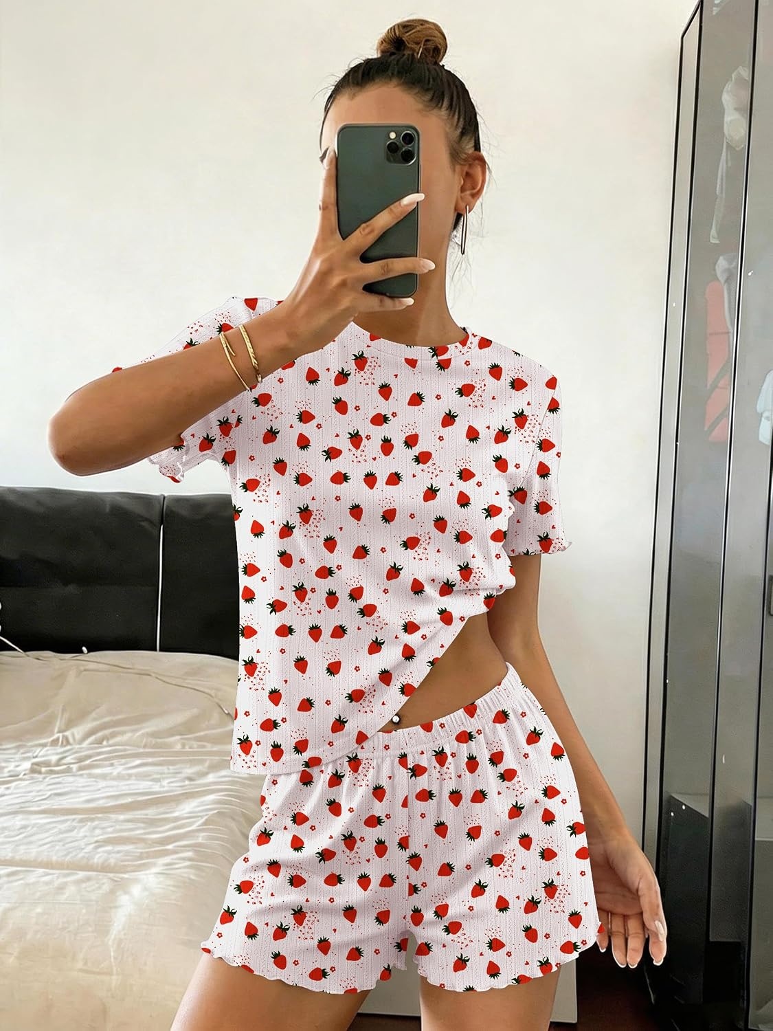 image:imageEkouaer Cute Pajama Sets for Women Summer Short Sleeve Lounge Sets SXXLStrawberry