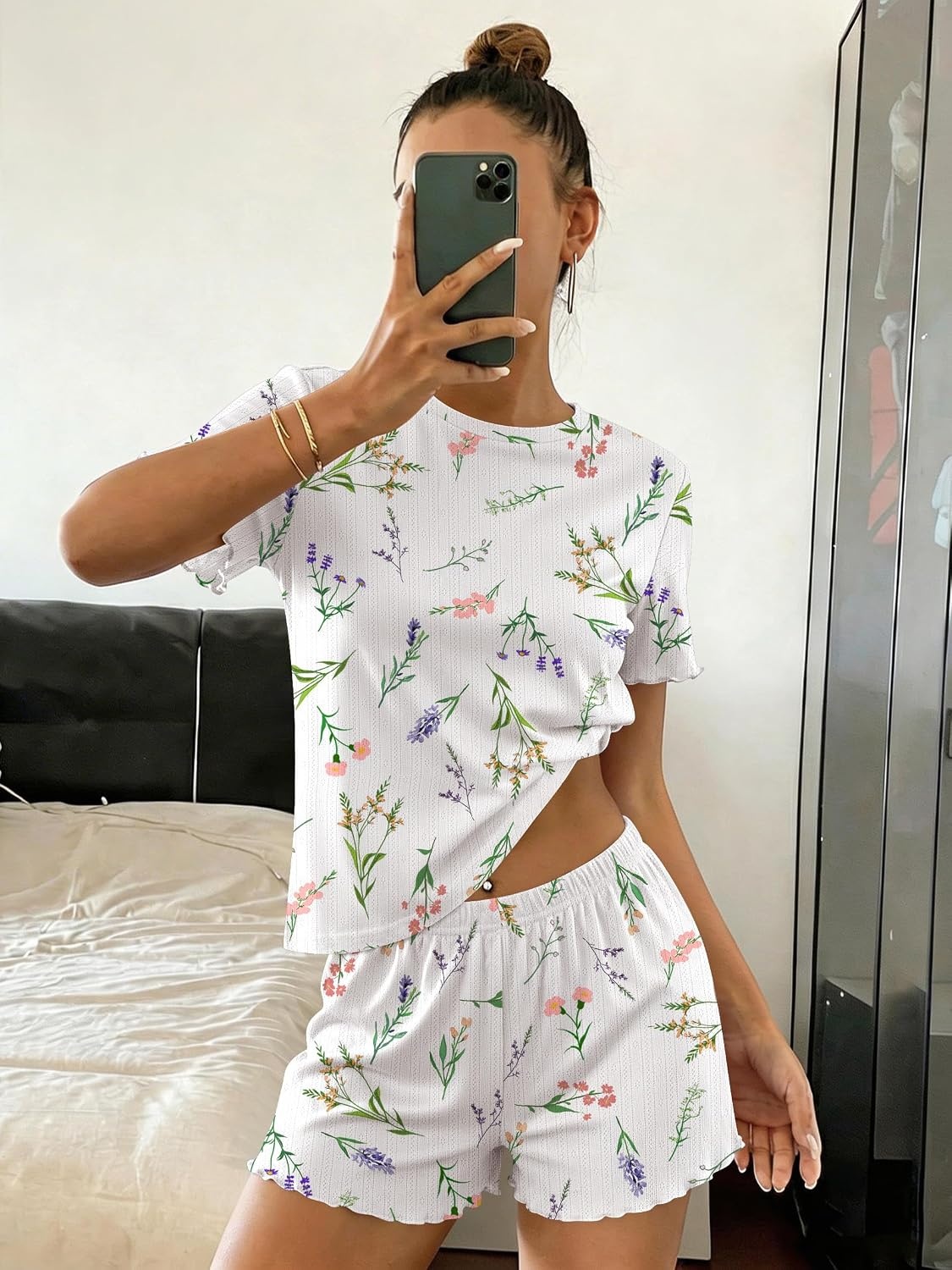 image:imageEkouaer Cute Pajama Sets for Women Summer Short Sleeve Lounge Sets SXXLWhite Flowers