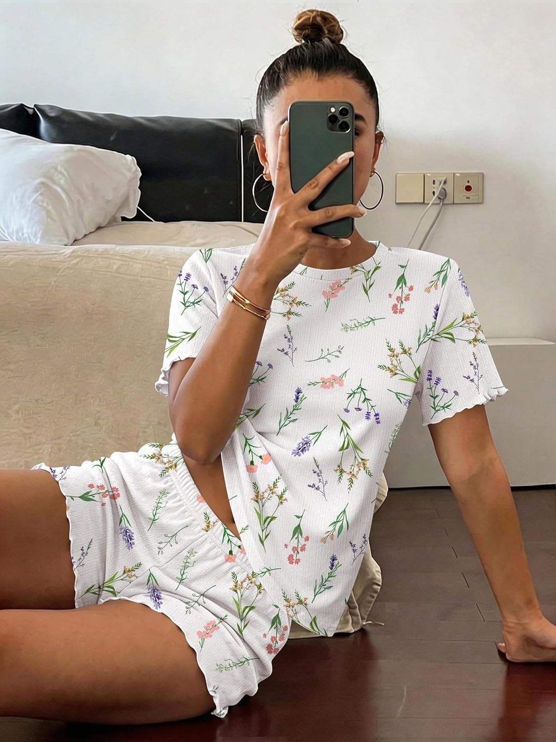 image:imageEkouaer Cute Pajama Sets for Women Summer Short Sleeve Lounge Sets SXXLWhite Flowers