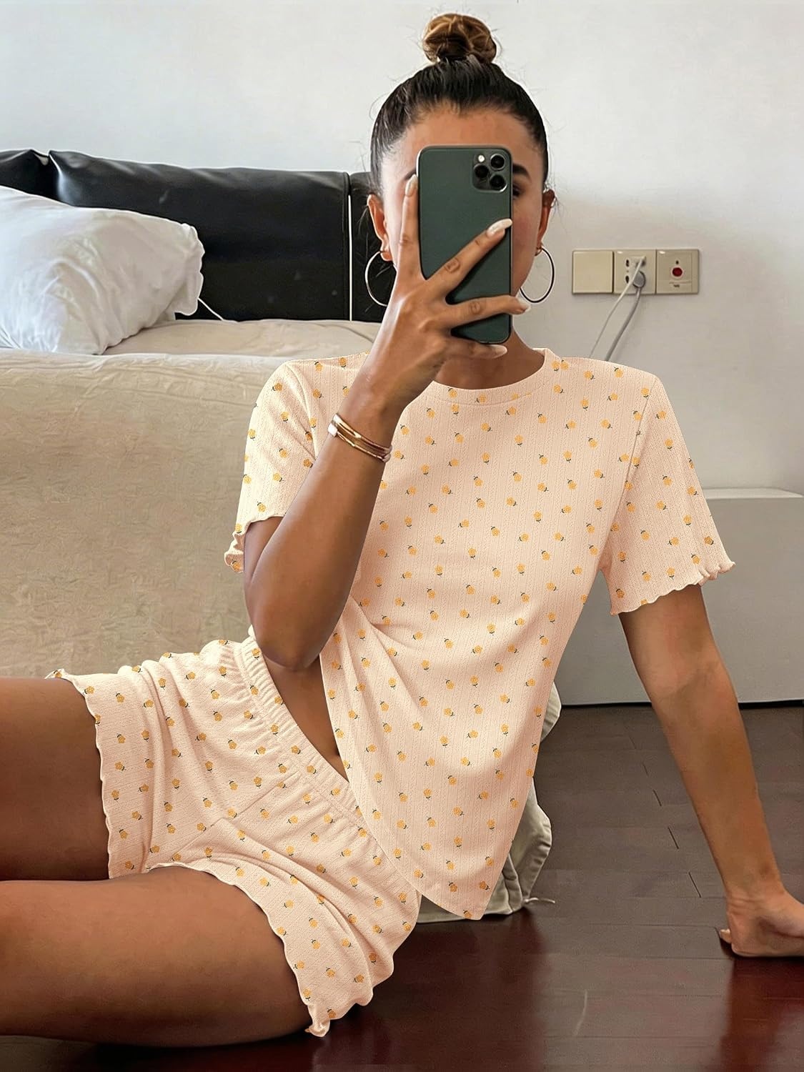 image:imageEkouaer Cute Pajama Sets for Women Summer Short Sleeve Lounge Sets SXXLYellow Flowers