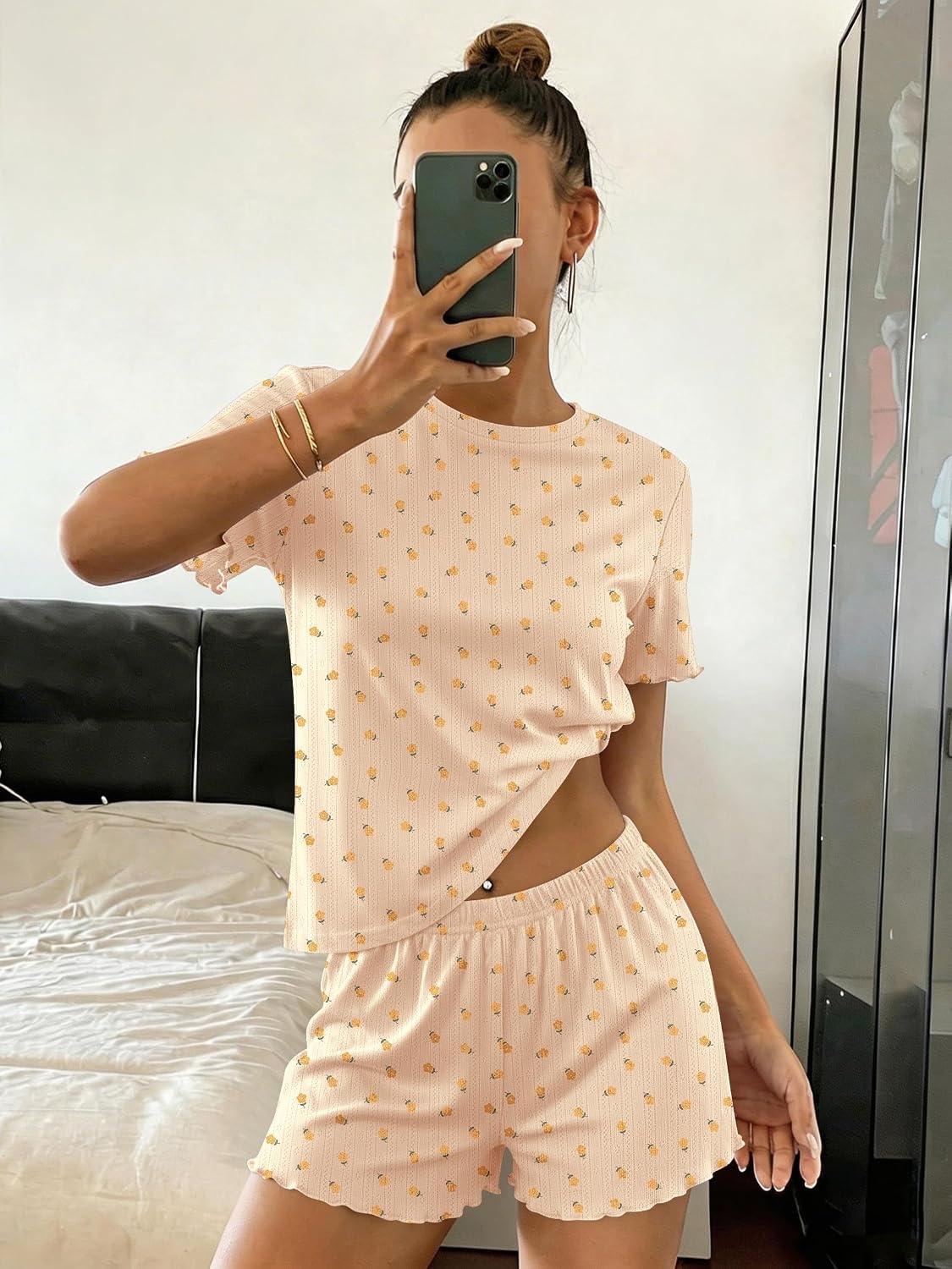 image:imageEkouaer Cute Pajama Sets for Women Summer Short Sleeve Lounge Sets SXXLYellow Flowers