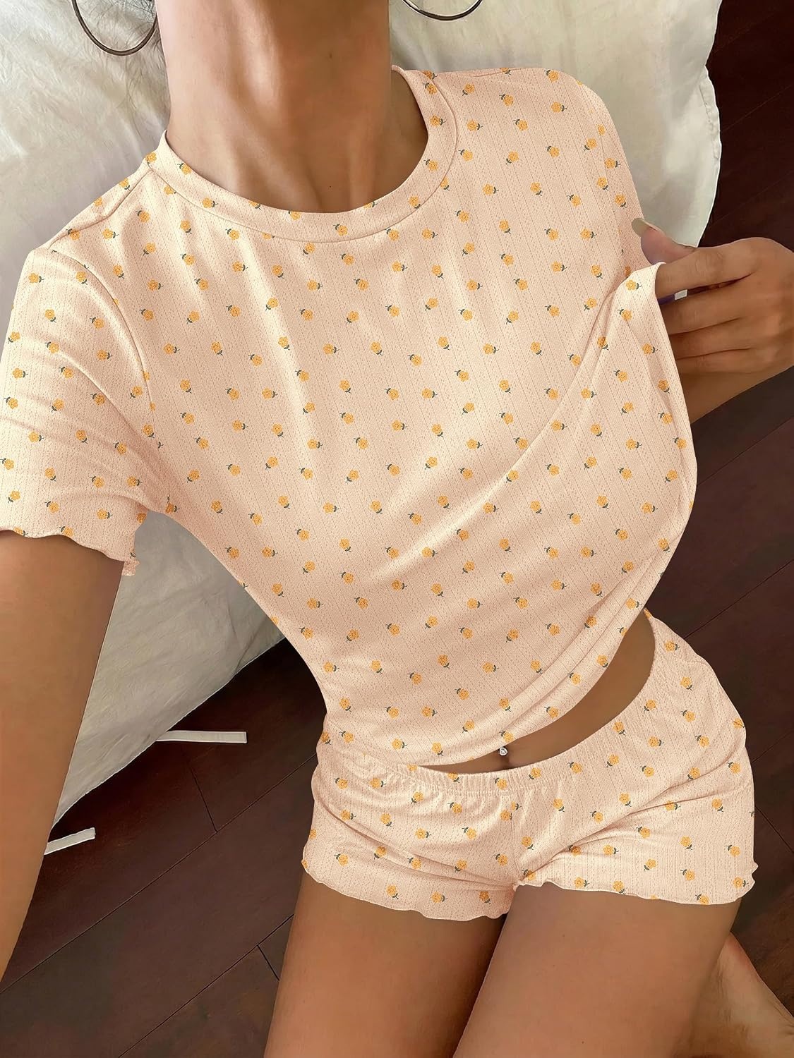 image:imageEkouaer Cute Pajama Sets for Women Summer Short Sleeve Lounge Sets SXXLYellow Flowers