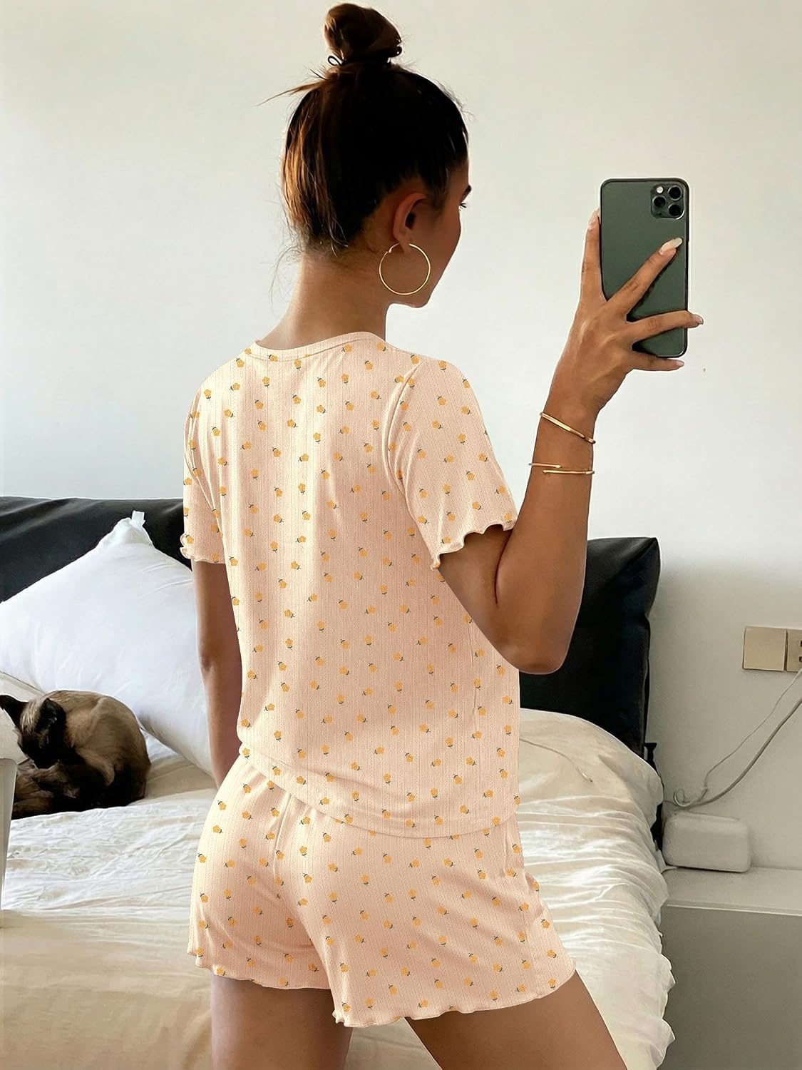 image:imageEkouaer Cute Pajama Sets for Women Summer Short Sleeve Lounge Sets SXXLYellow Flowers