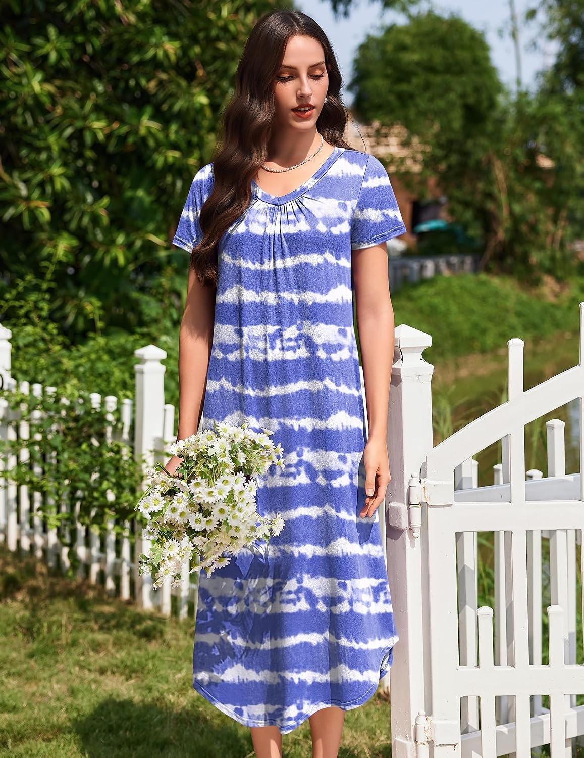 image:imageEkouaer Long Nightgowns for Women 3 Pack House Dress Plus Size Moo MoosBlackBlueWhite Blue Striped