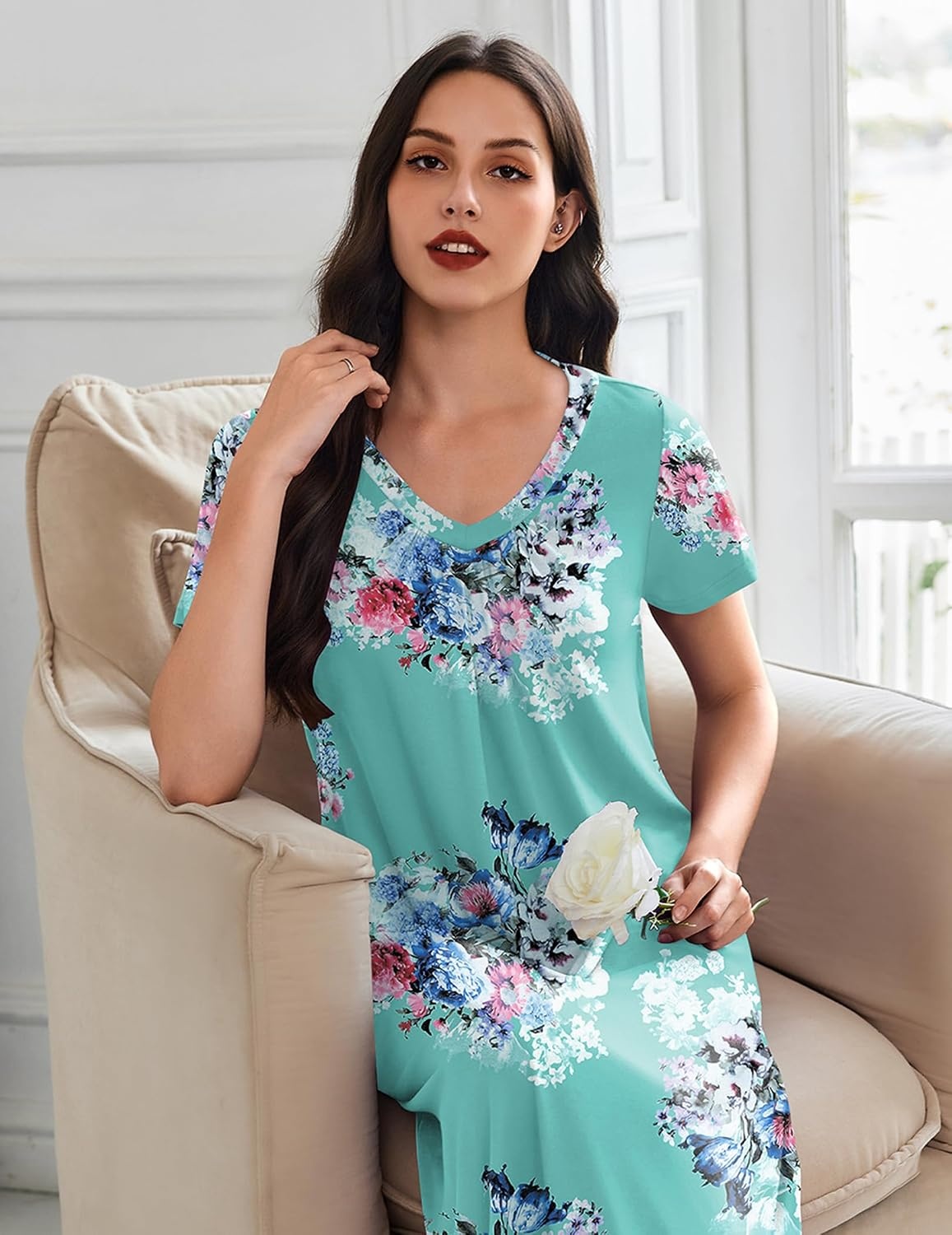 image:imageEkouaer Long Nightgowns for Women 3 Pack House Dress Plus Size Moo MoosBlue FloralPink FloralBlue Striped