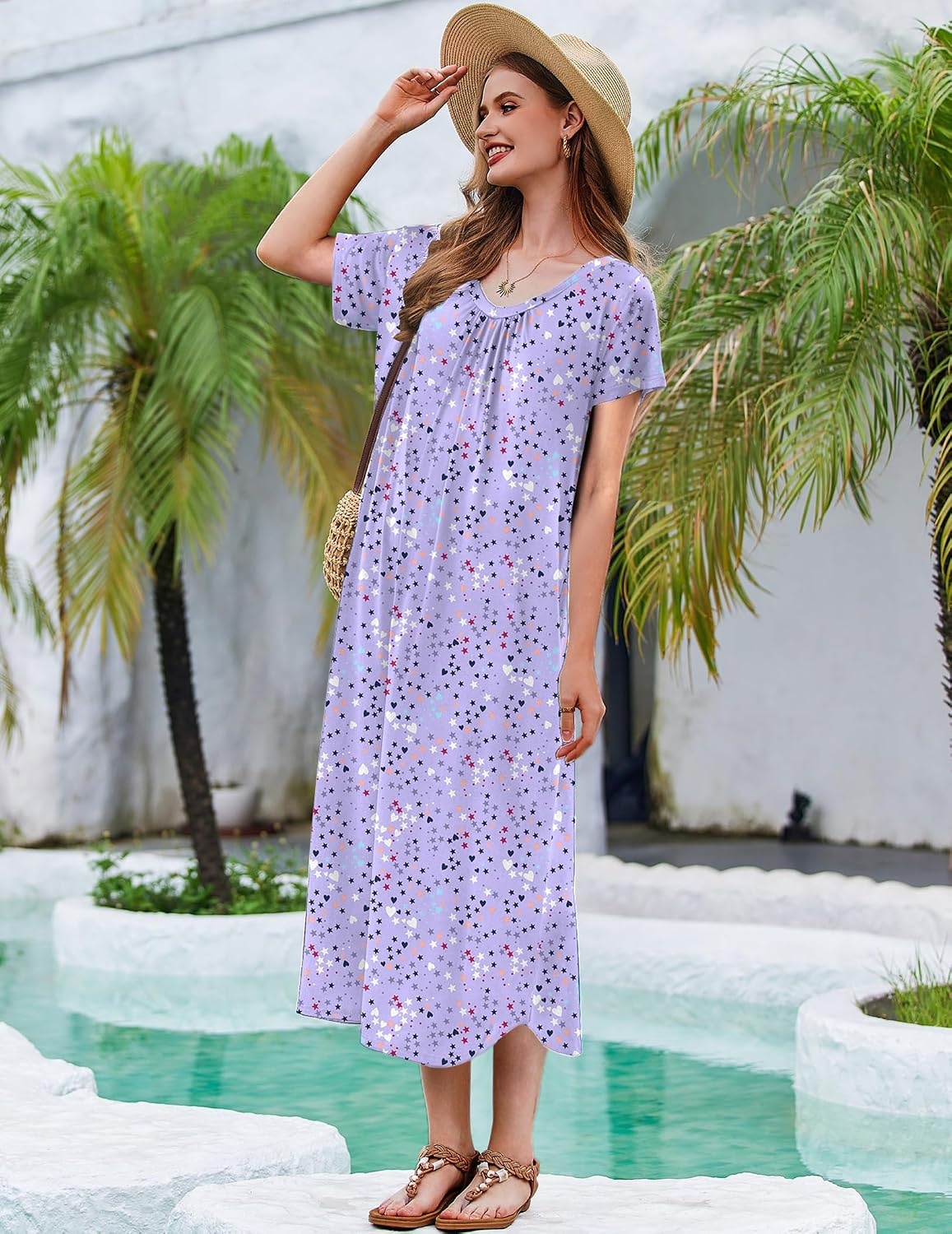 image:imageEkouaer Long Nightgowns for Women 3 Pack House Dress Plus Size Moo MoosBlue MoonPurple StarPink Flowers