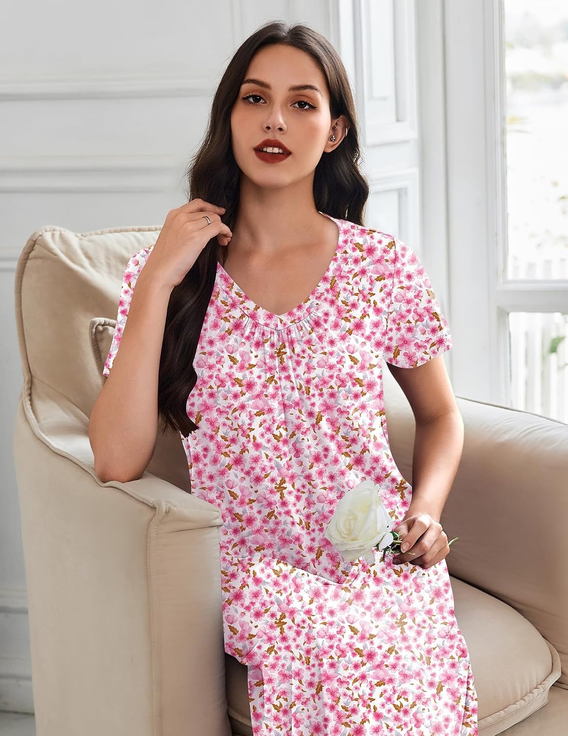 image:imageEkouaer Long Nightgowns for Women 3 Pack House Dress Plus Size Moo MoosBlue MoonPurple StarPink Flowers