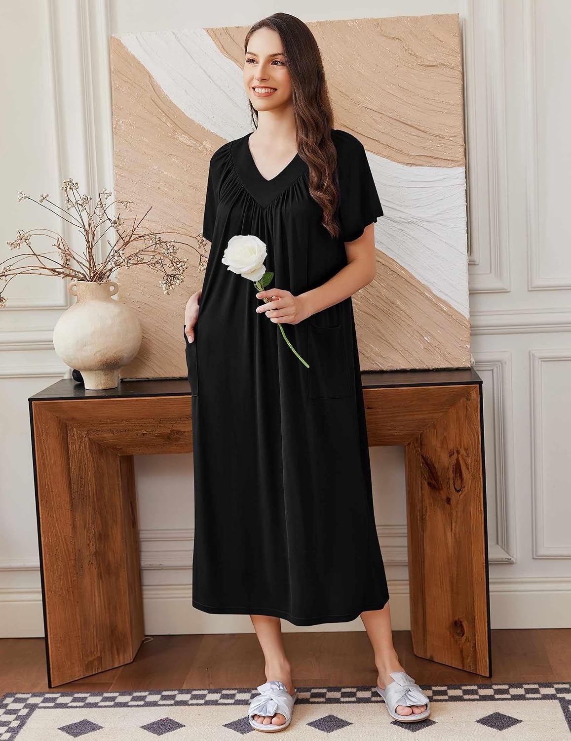 image:imageEkouaer Long Nightgowns for Women Short Sleeve Full Length Night ShirtsBlack