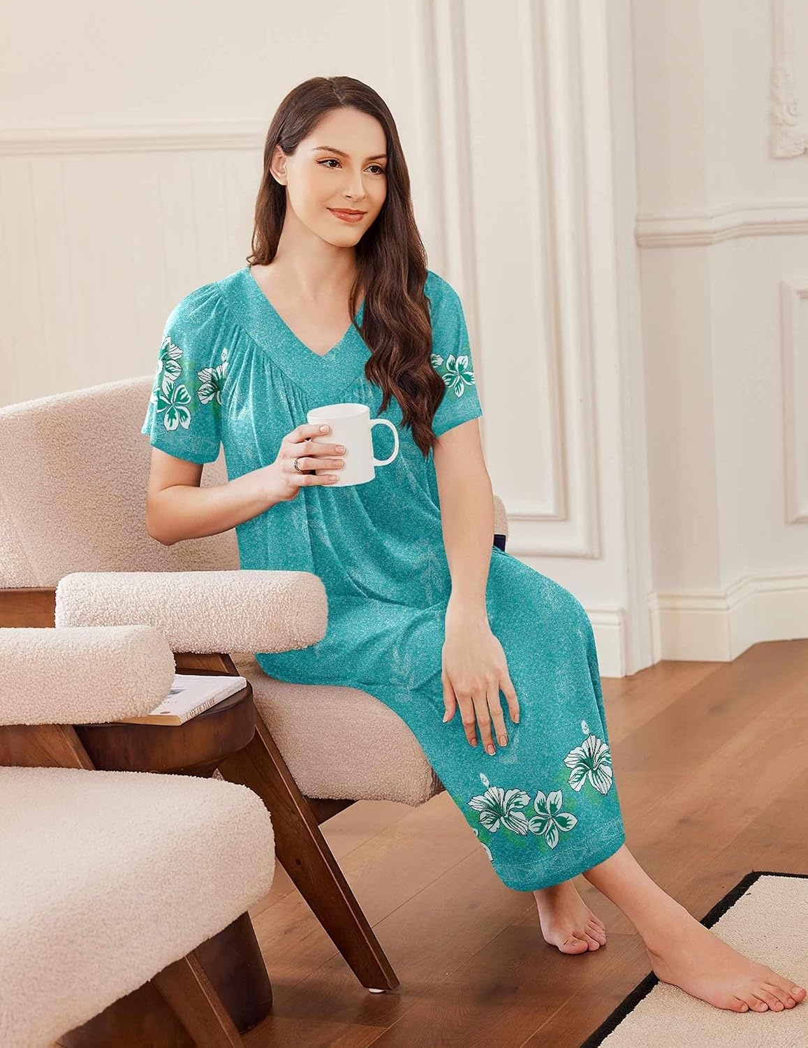 image:imageEkouaer Long Nightgowns for Women Short Sleeve Full Length Night ShirtsBlue Floral