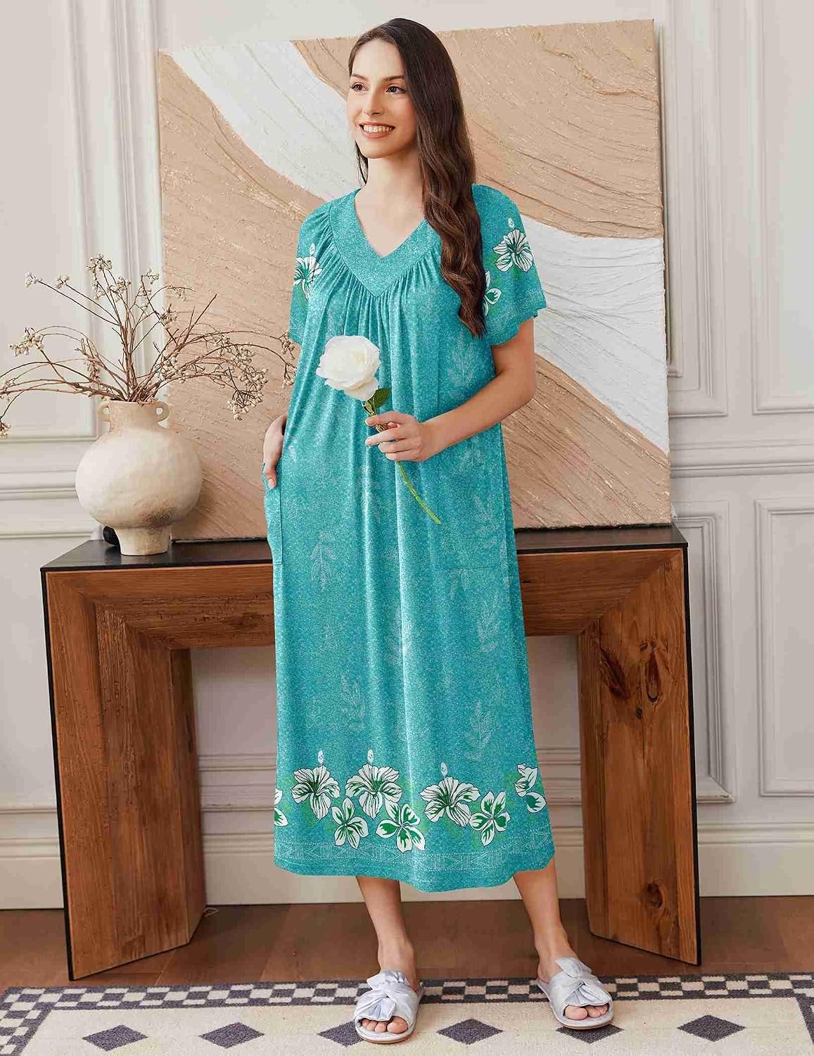 image:imageEkouaer Long Nightgowns for Women Short Sleeve Full Length Night ShirtsBlue Floral