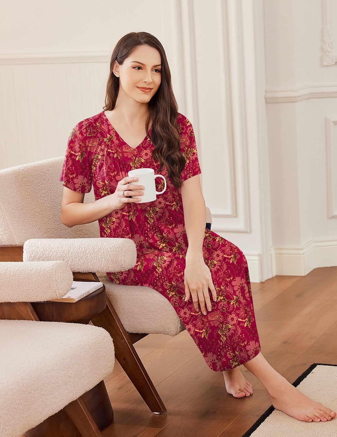 image:imageEkouaer Long Nightgowns for Women Short Sleeve Full Length Night ShirtsFloral Red