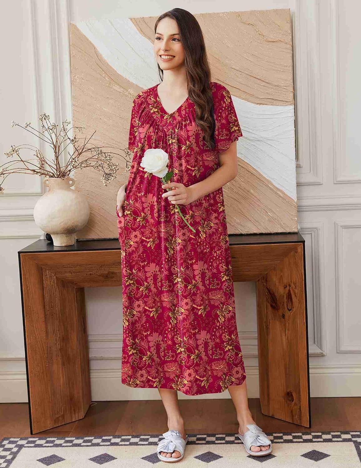 image:imageEkouaer Long Nightgowns for Women Short Sleeve Full Length Night ShirtsFloral Red