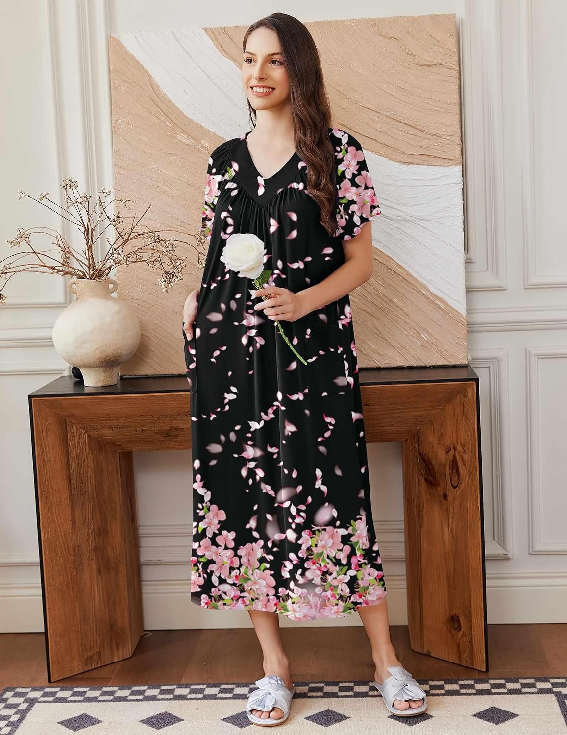 image:imageEkouaer Long Nightgowns for Women Short Sleeve Full Length Night ShirtsPnik Flower