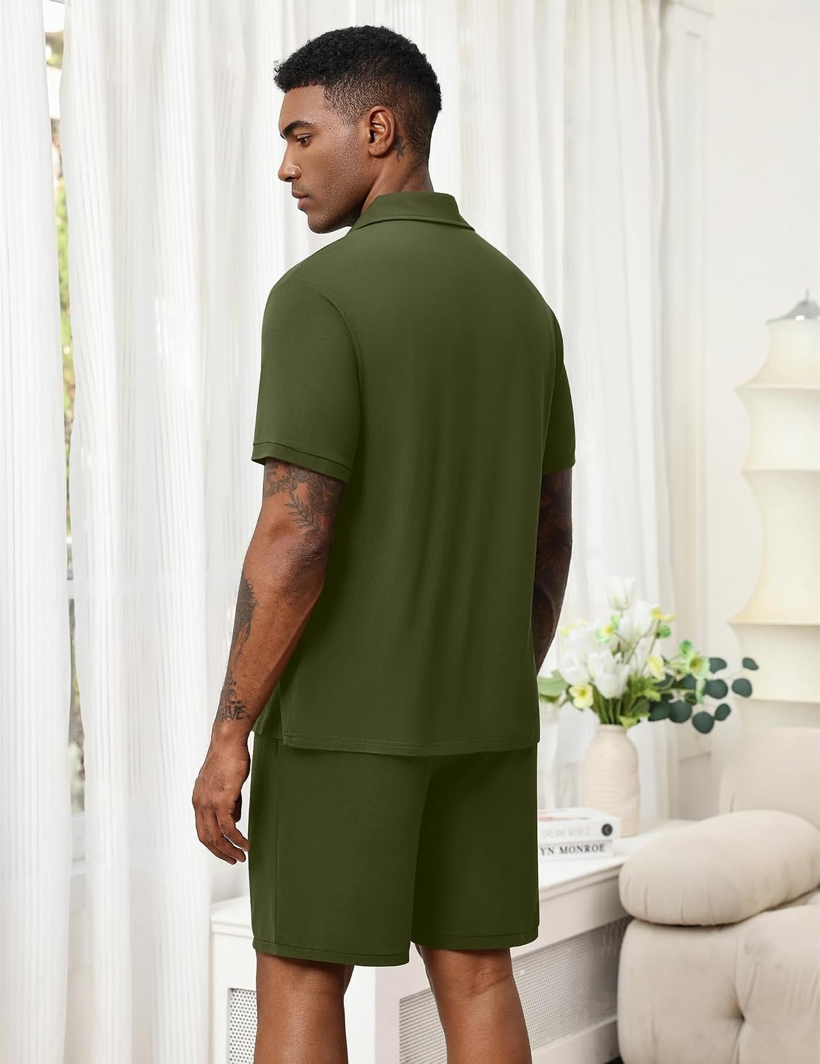 image:imageEkouaer Mens Pajama Sets Button Down Summer Pjs Hawaiian Lounge Set XSXXLArmy Green