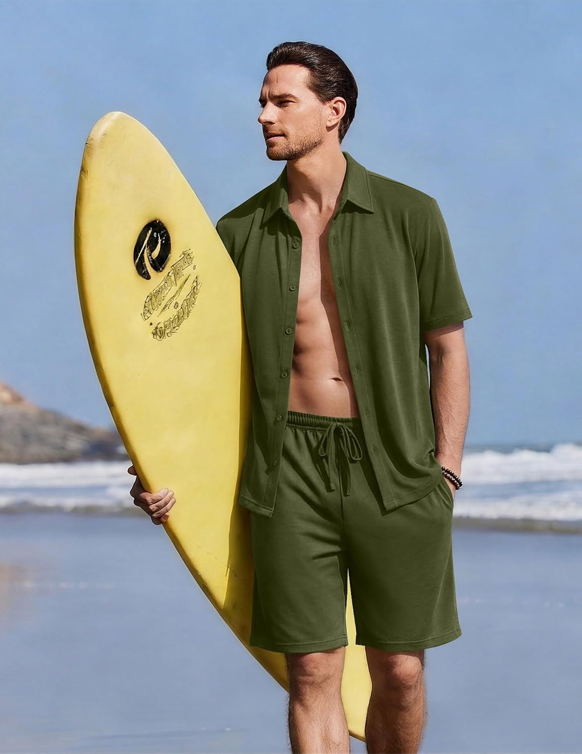 image:imageEkouaer Mens Pajama Sets Button Down Summer Pjs Hawaiian Lounge Set XSXXLArmy Green