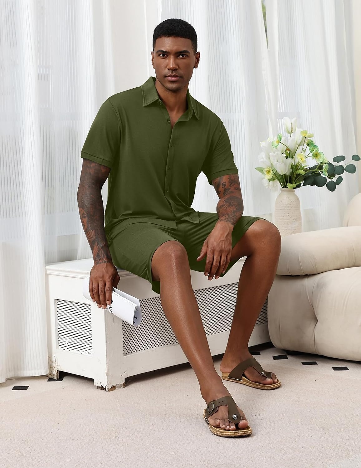 image:imageEkouaer Mens Pajama Sets Button Down Summer Pjs Hawaiian Lounge Set XSXXLArmy Green