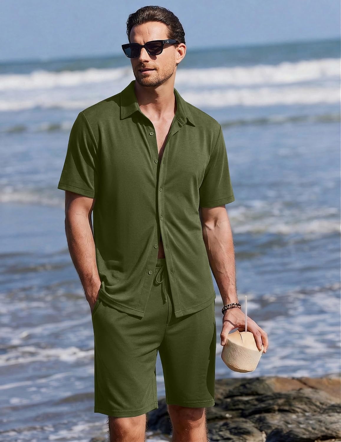 image:imageEkouaer Mens Pajama Sets Button Down Summer Pjs Hawaiian Lounge Set XSXXLArmy Green
