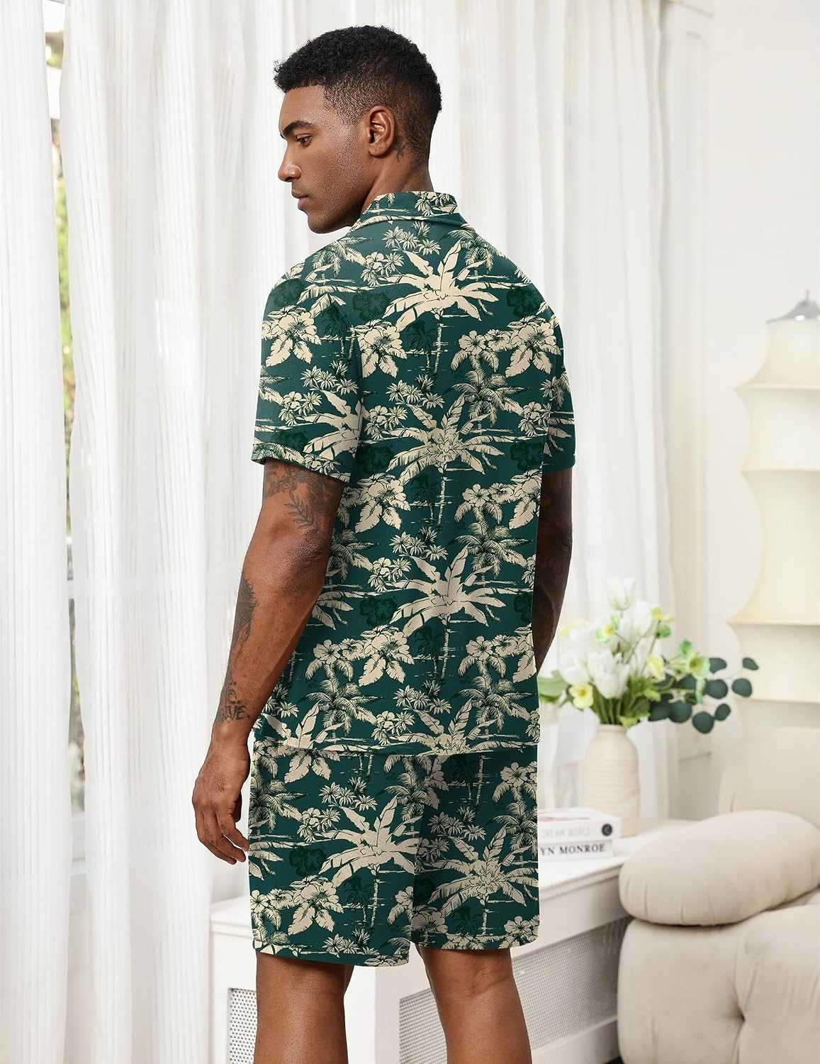 image:imageEkouaer Mens Pajama Sets Button Down Summer Pjs Hawaiian Lounge Set XSXXLCoconut Tree Blue Green