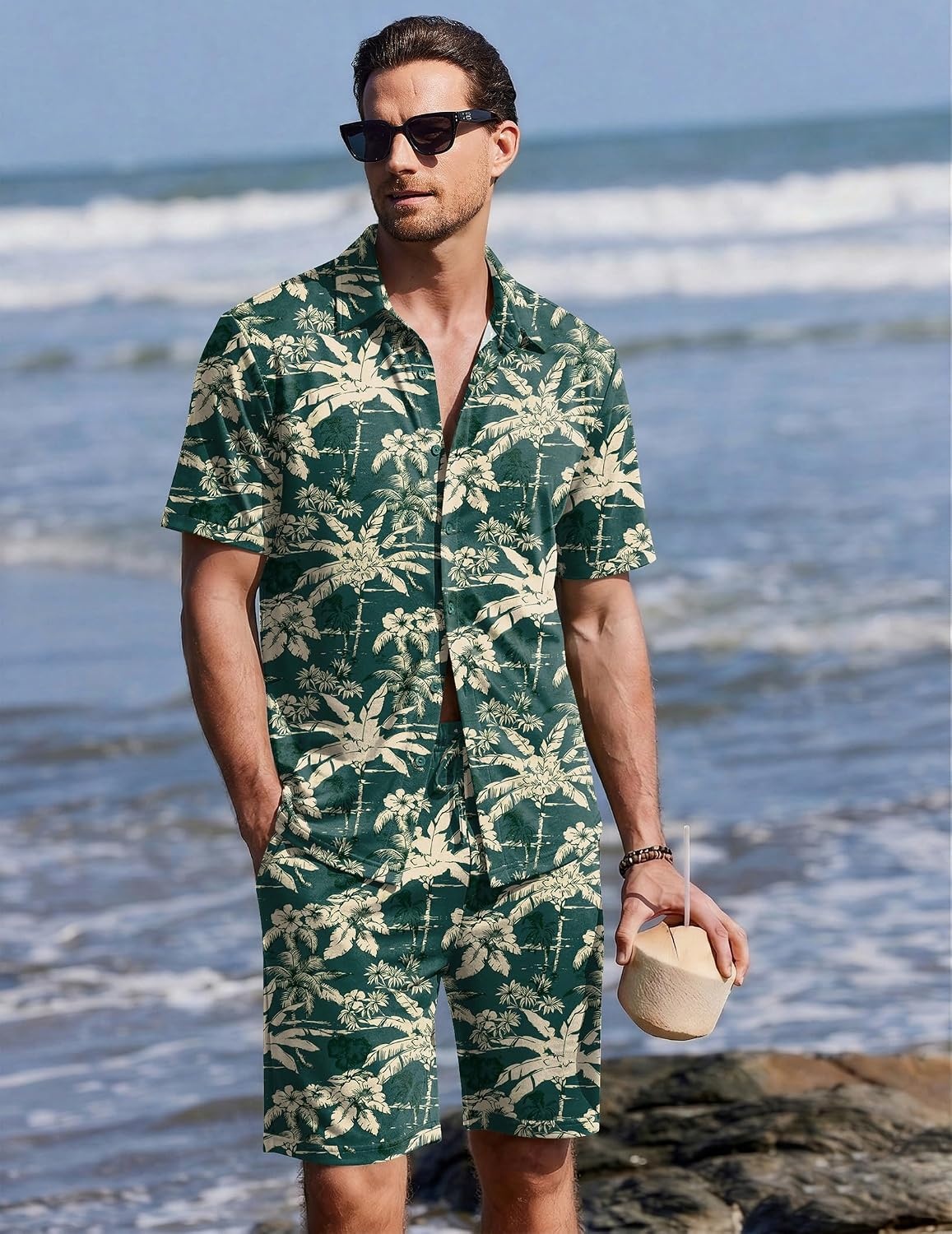 image:imageEkouaer Mens Pajama Sets Button Down Summer Pjs Hawaiian Lounge Set XSXXLCoconut Tree Blue Green