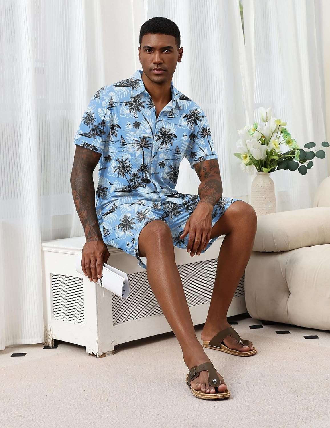 image:imageEkouaer Mens Pajama Sets Button Down Summer Pjs Hawaiian Lounge Set XSXXLCoconut Tree Light Blue