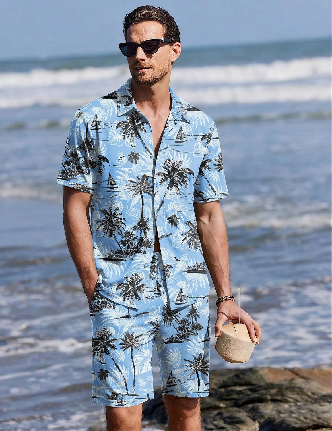 image:imageEkouaer Mens Pajama Sets Button Down Summer Pjs Hawaiian Lounge Set XSXXLCoconut Tree Light Blue