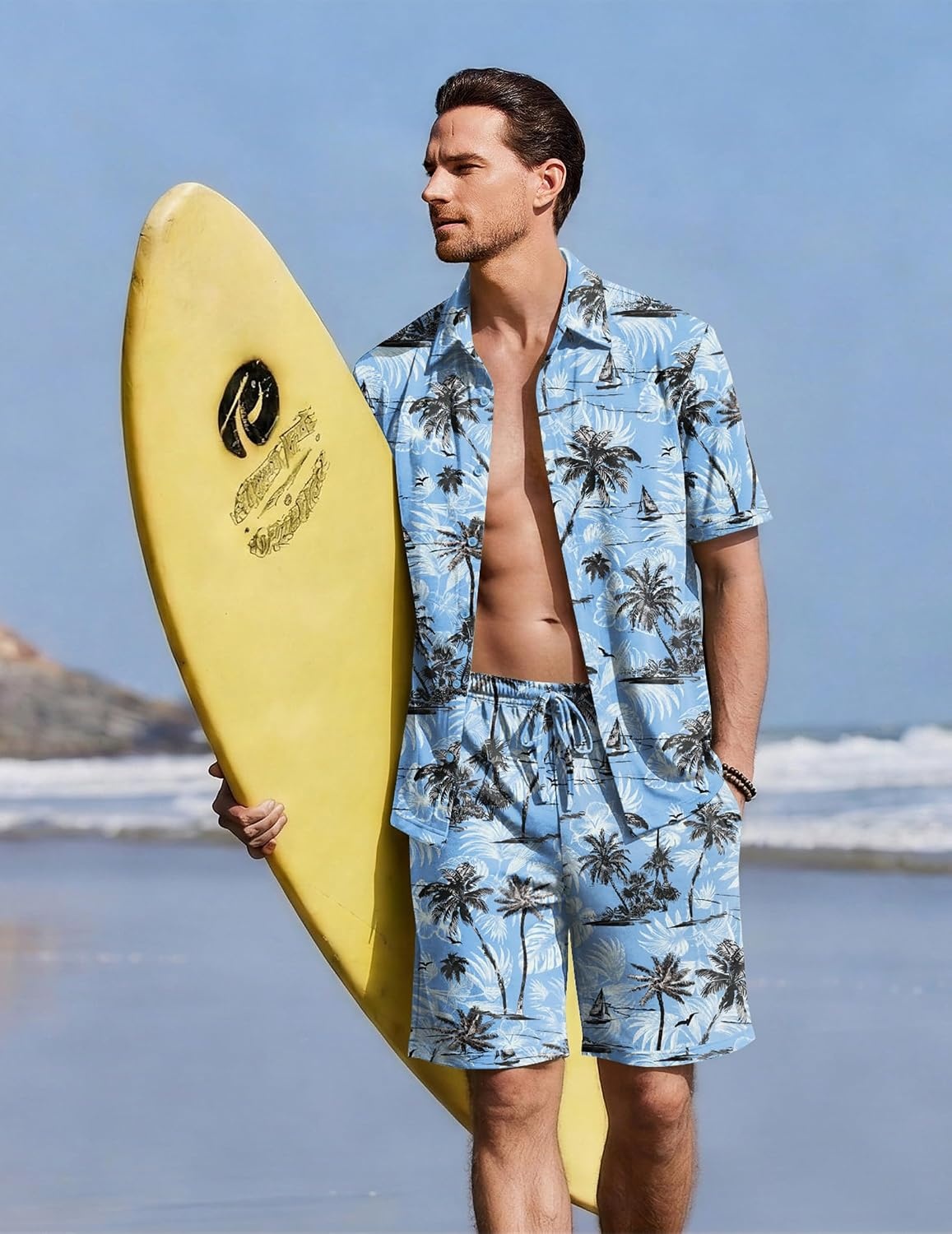 image:imageEkouaer Mens Pajama Sets Button Down Summer Pjs Hawaiian Lounge Set XSXXLCoconut Tree Light Blue