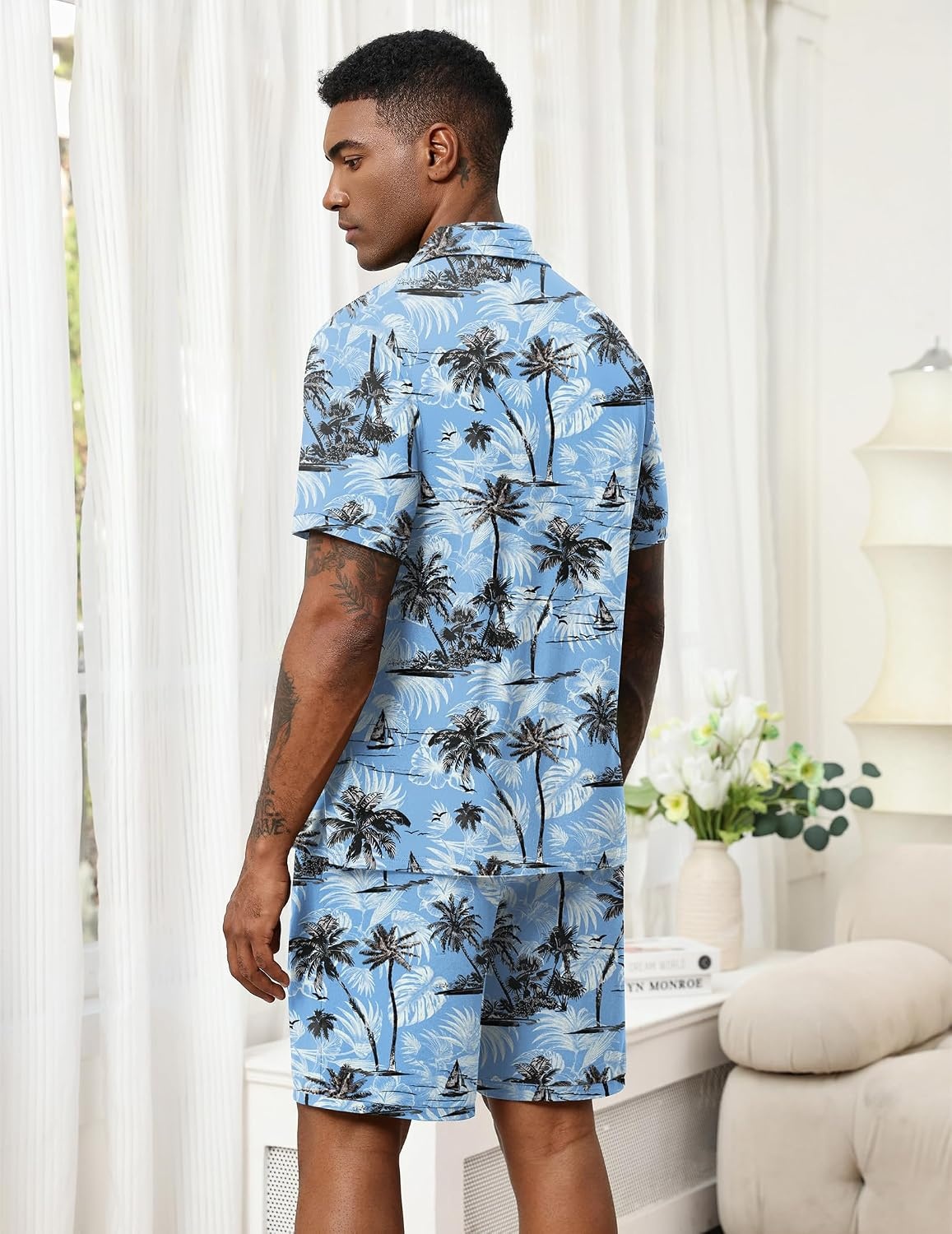 image:imageEkouaer Mens Pajama Sets Button Down Summer Pjs Hawaiian Lounge Set XSXXLCoconut Tree Light Blue