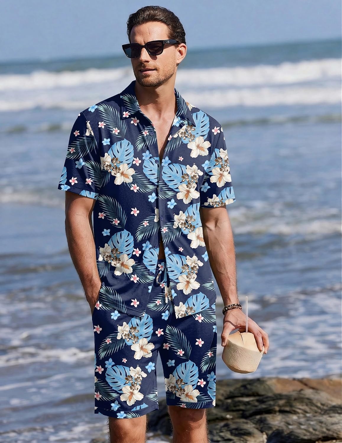 image:imageEkouaer Mens Pajama Sets Button Down Summer Pjs Hawaiian Lounge Set XSXXLHawaiian Flower Blue Leaves