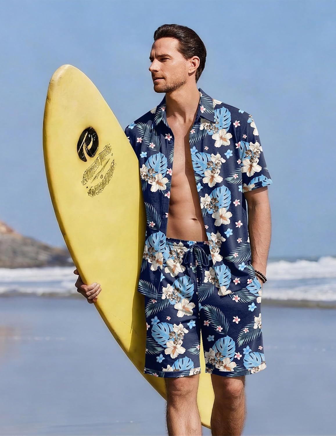image:imageEkouaer Mens Pajama Sets Button Down Summer Pjs Hawaiian Lounge Set XSXXLHawaiian Flower Blue Leaves