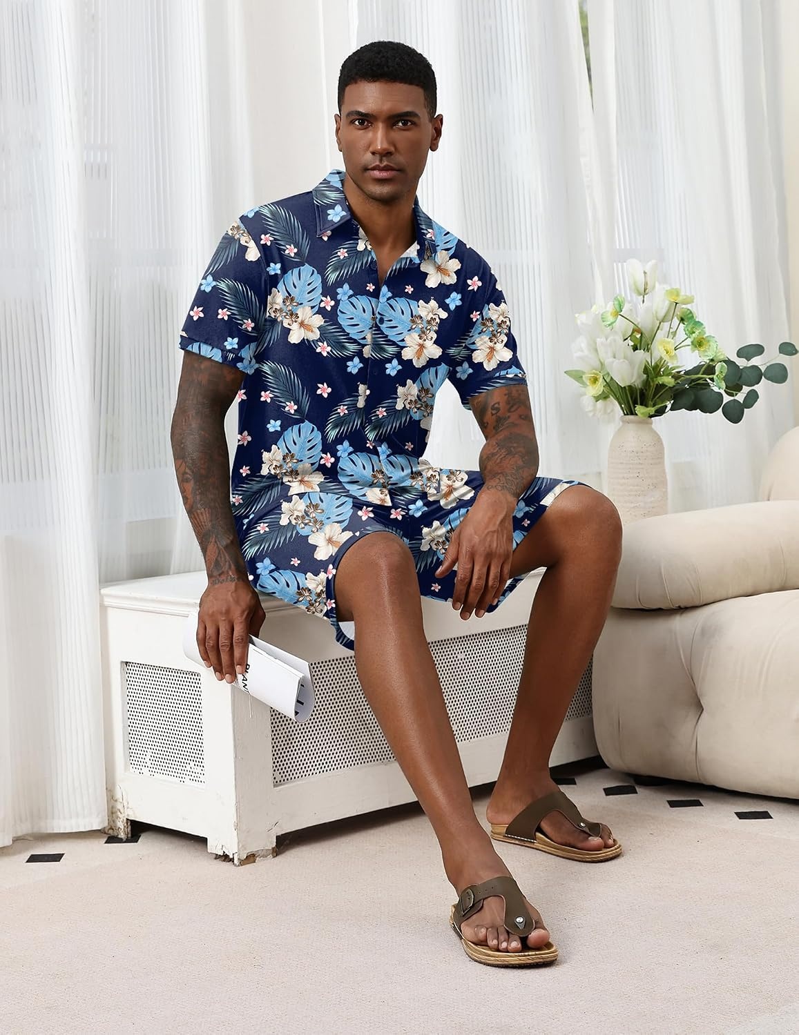 image:imageEkouaer Mens Pajama Sets Button Down Summer Pjs Hawaiian Lounge Set XSXXLHawaiian Flower Blue Leaves