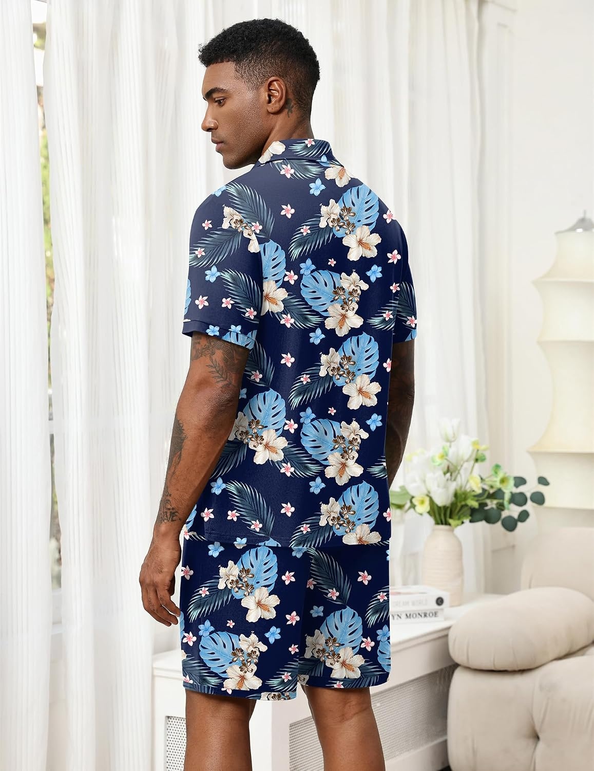 image:imageEkouaer Mens Pajama Sets Button Down Summer Pjs Hawaiian Lounge Set XSXXLHawaiian Flower Blue Leaves