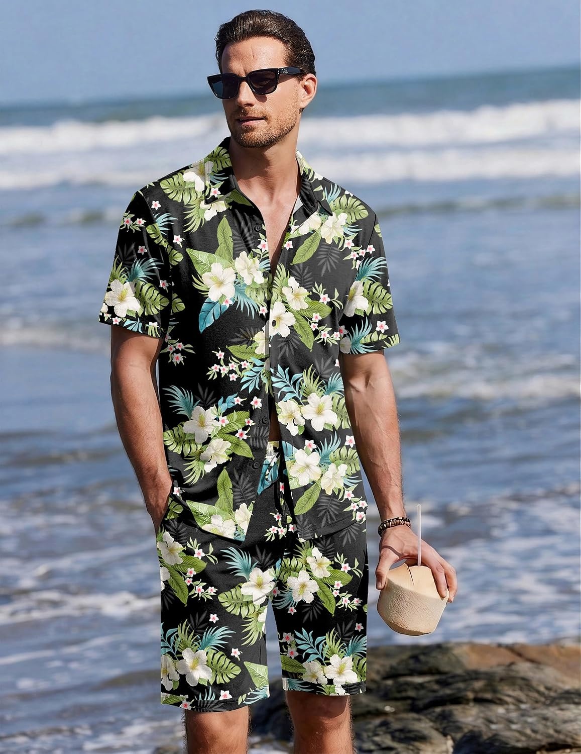 image:imageEkouaer Mens Pajama Sets Button Down Summer Pjs Hawaiian Lounge Set XSXXLHawaiian Flower Green Blue Leaves