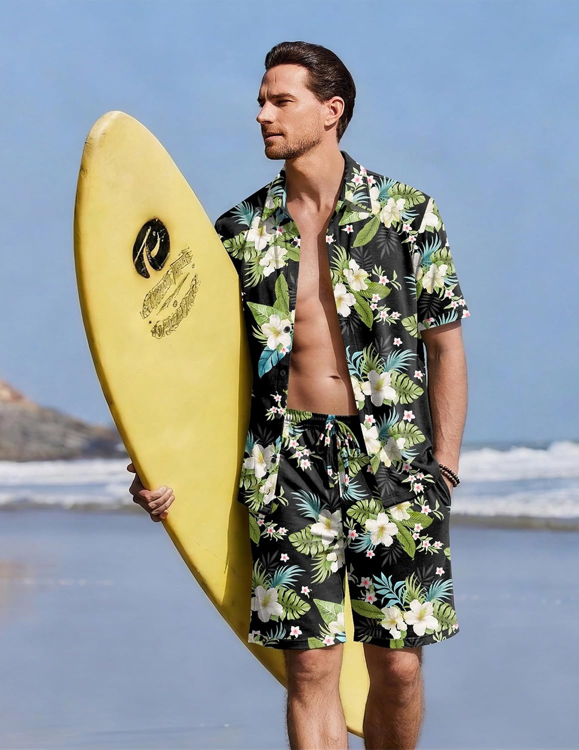 image:imageEkouaer Mens Pajama Sets Button Down Summer Pjs Hawaiian Lounge Set XSXXLHawaiian Flower Green Blue Leaves
