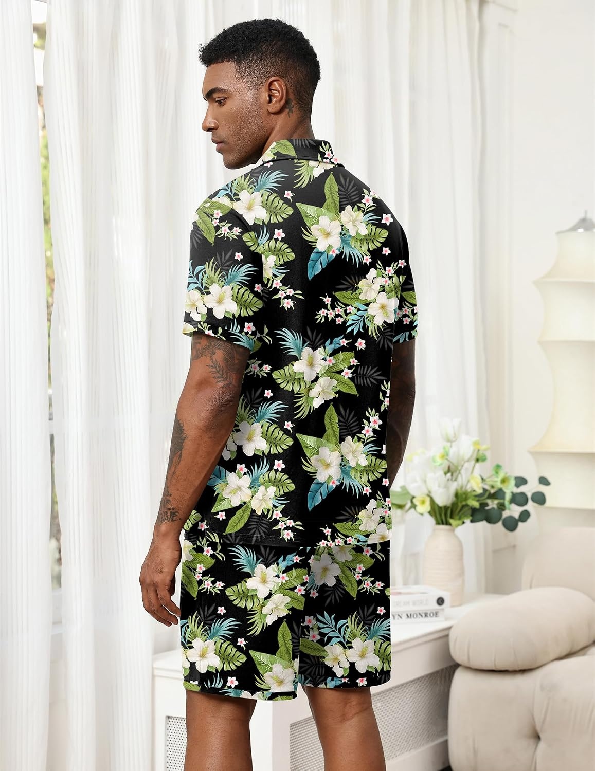 image:imageEkouaer Mens Pajama Sets Button Down Summer Pjs Hawaiian Lounge Set XSXXLHawaiian Flower Green Blue Leaves