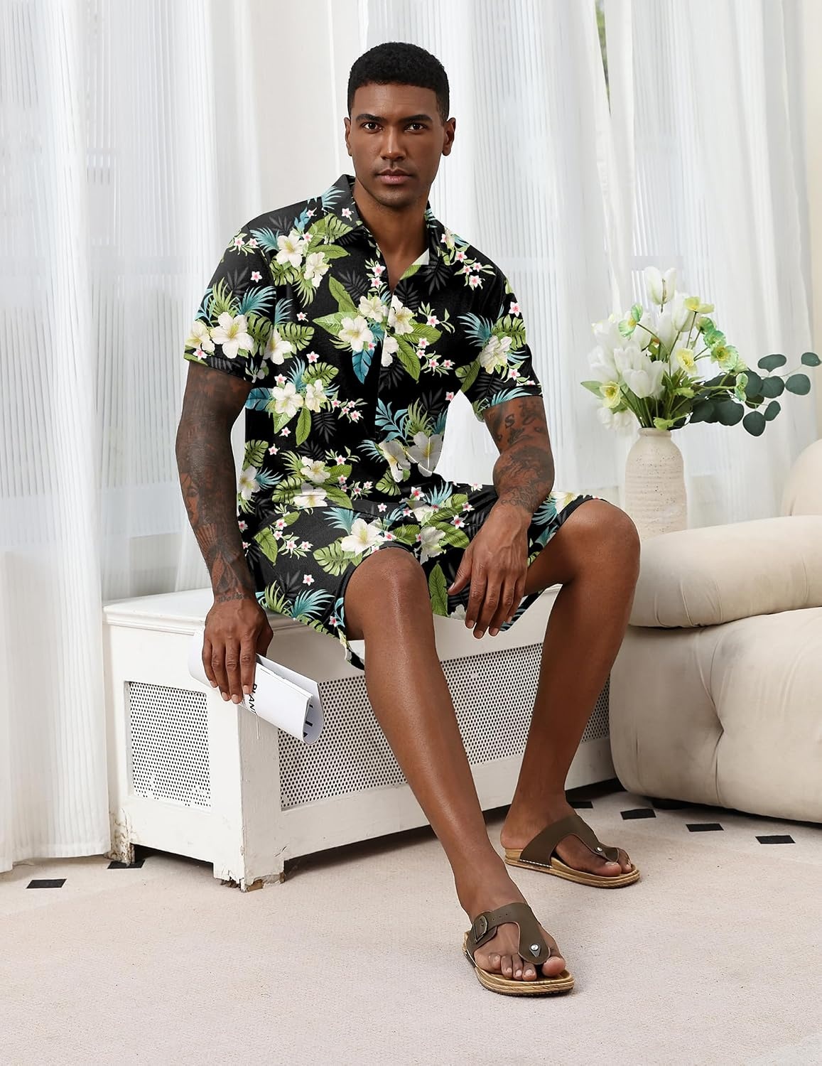image:imageEkouaer Mens Pajama Sets Button Down Summer Pjs Hawaiian Lounge Set XSXXLHawaiian Flower Green Blue Leaves