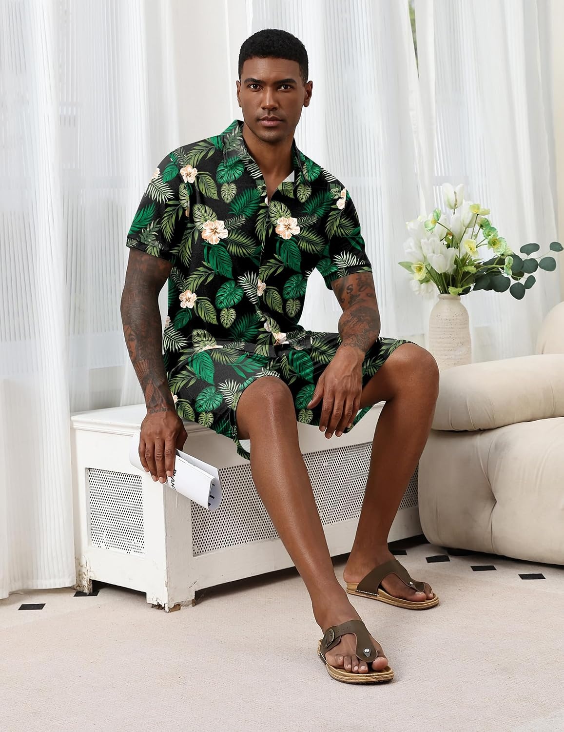 image:imageEkouaer Mens Pajama Sets Button Down Summer Pjs Hawaiian Lounge Set XSXXLHawaiian Flower Green Leaves