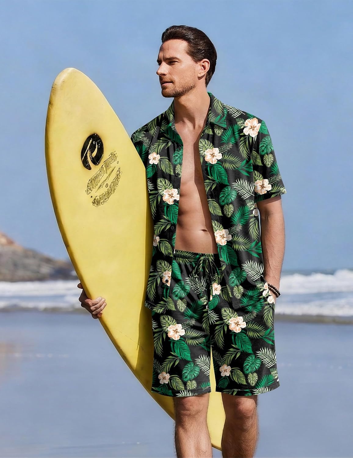 image:imageEkouaer Mens Pajama Sets Button Down Summer Pjs Hawaiian Lounge Set XSXXLHawaiian Flower Green Leaves