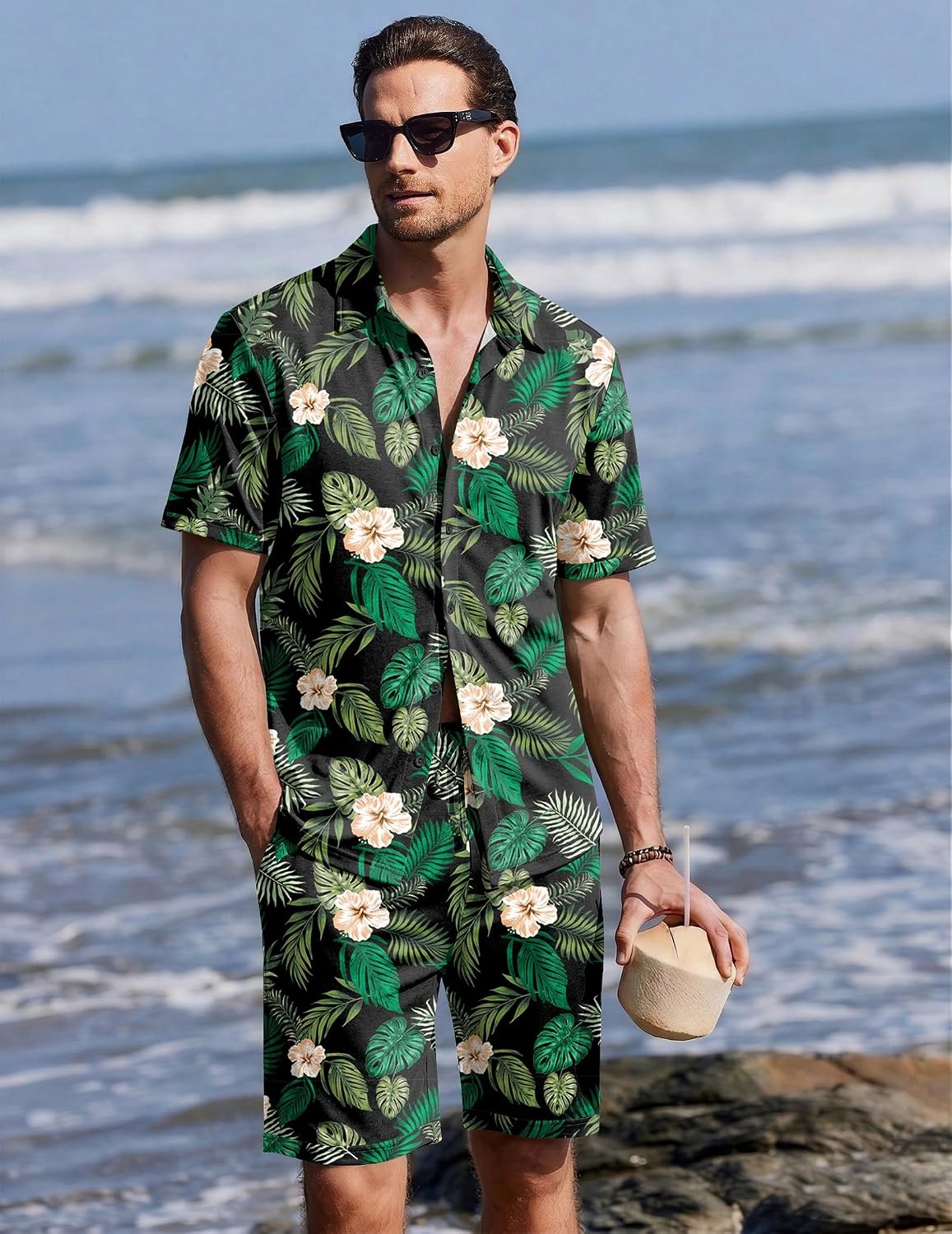 image:imageEkouaer Mens Pajama Sets Button Down Summer Pjs Hawaiian Lounge Set XSXXLHawaiian Flower Green Leaves