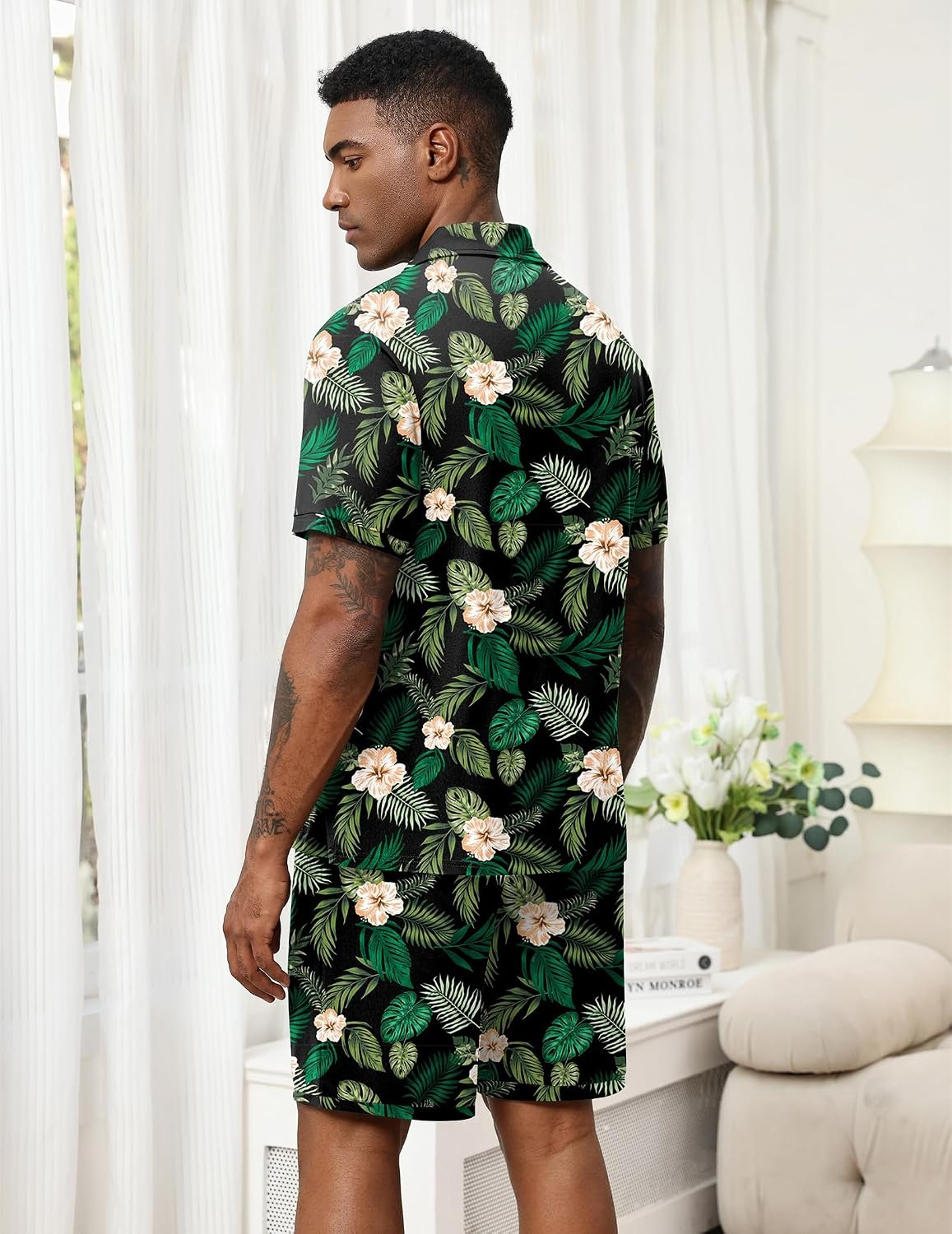 image:imageEkouaer Mens Pajama Sets Button Down Summer Pjs Hawaiian Lounge Set XSXXLHawaiian Flower Green Leaves