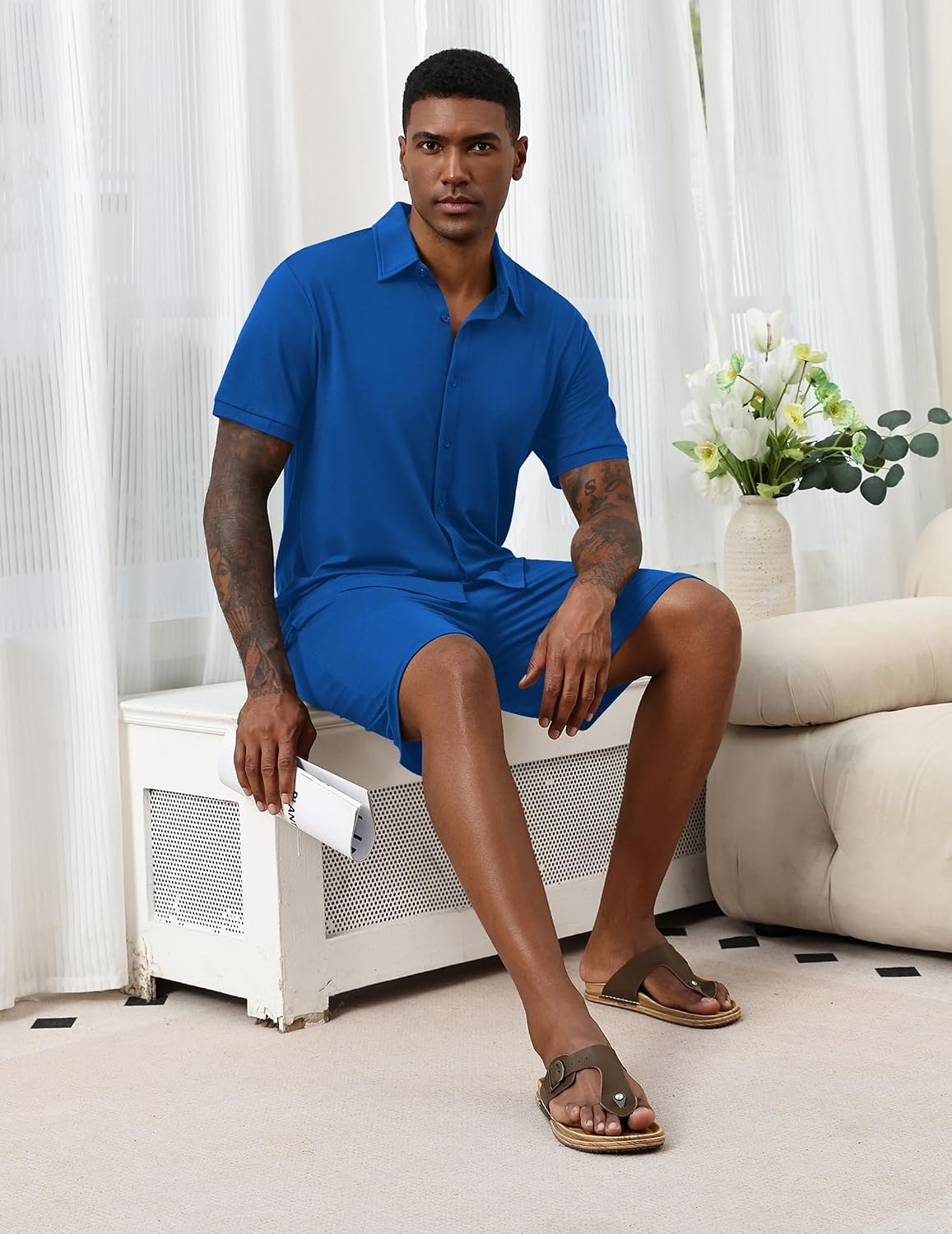 image:imageEkouaer Mens Pajama Sets Button Down Summer Pjs Hawaiian Lounge Set XSXXLRoyal Blue