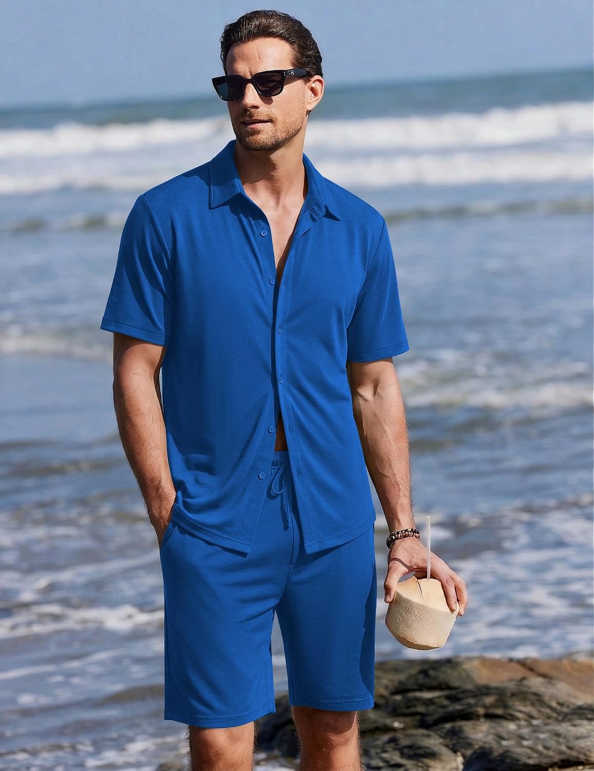 image:imageEkouaer Mens Pajama Sets Button Down Summer Pjs Hawaiian Lounge Set XSXXLRoyal Blue