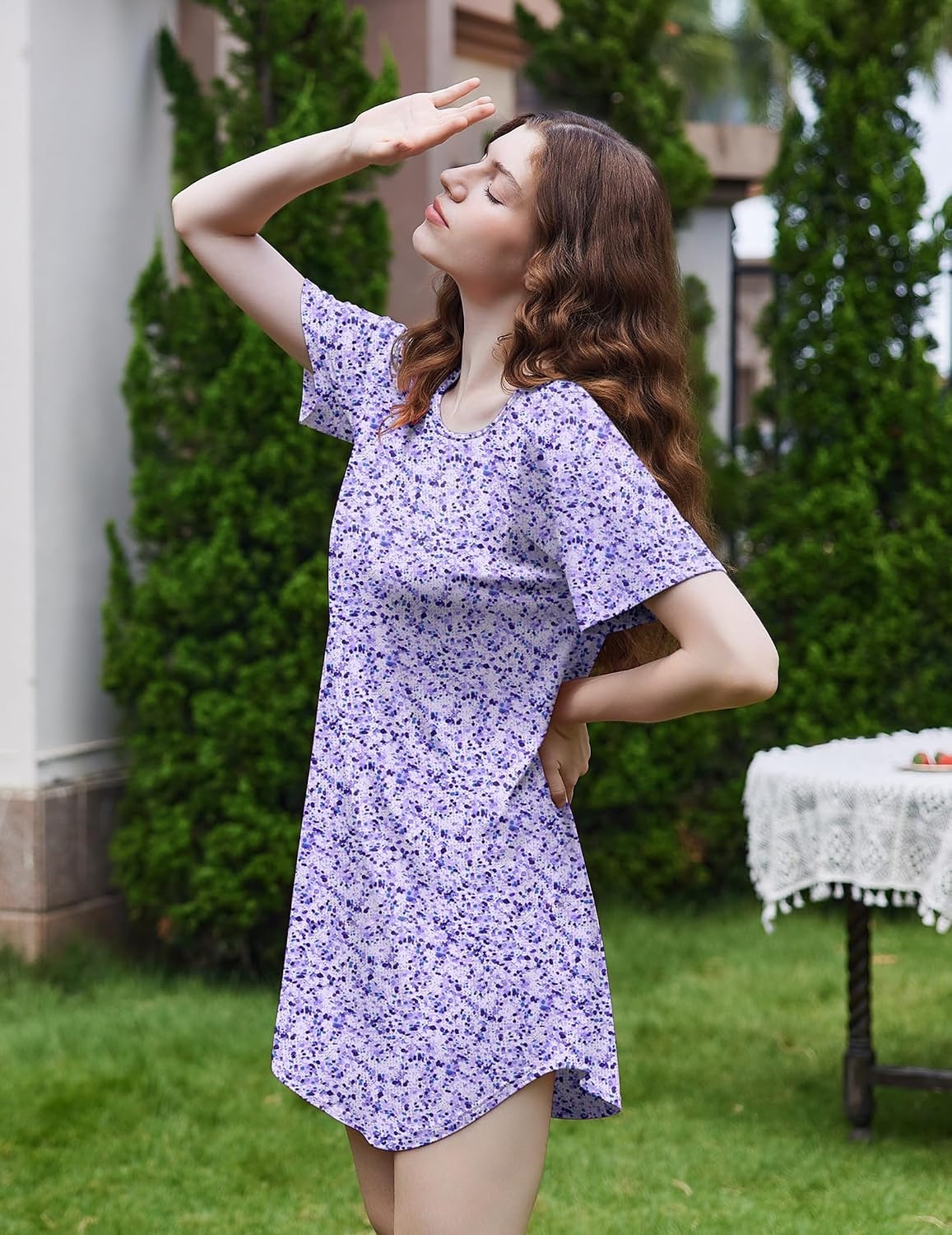 image:imageEkouaer Nightgowns for Women 3 Pack Sleep Shirts Short Sleeve Nightshirt Pullover Nightdress Soft SleepwearBlue StarsPink FloralsPurple Abstract Dots